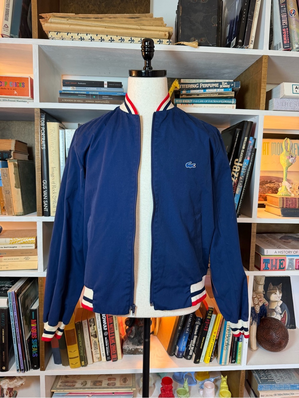 Lacoste Navy Bomber Jacket with Red & White Ribbed Trim